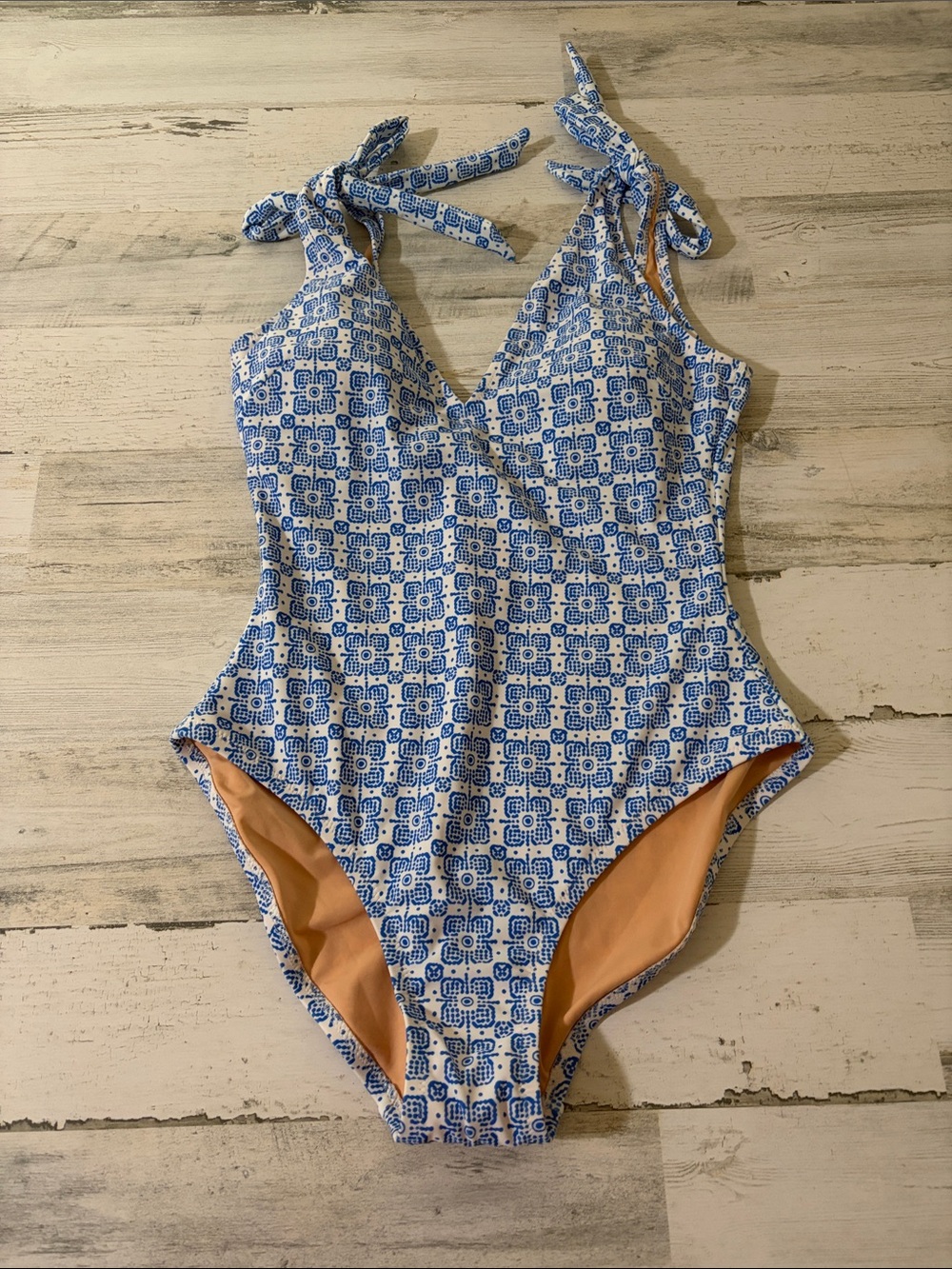 J. Crew Light Blue Patterned One-Piece Swimsuit with Tie Shoulders NWT - Picture 3 of 6